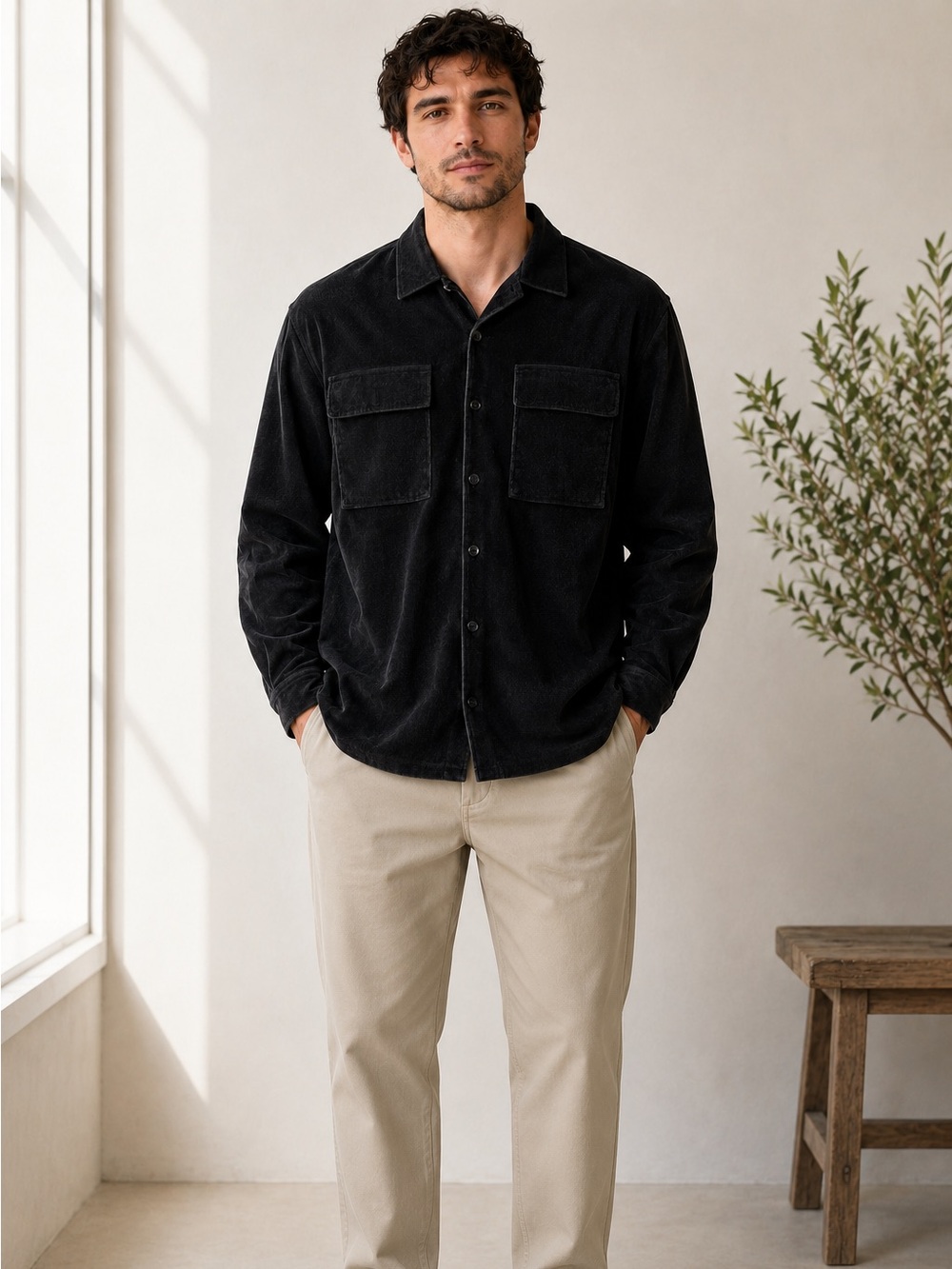 M Collection Men’s XL Black Flocked Button-Up Shirt Jacket